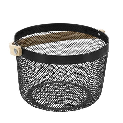 Round Mesh Storage Basket With Wooden Handle - Black