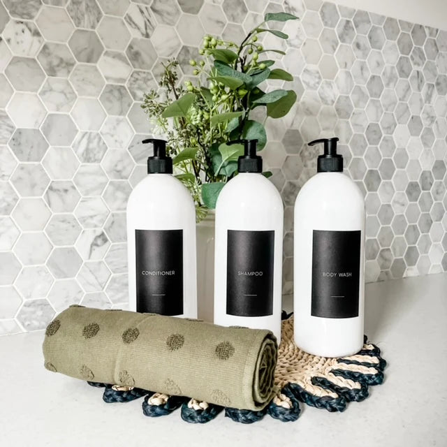 Bath/Shower White Bottle and Label Bundle