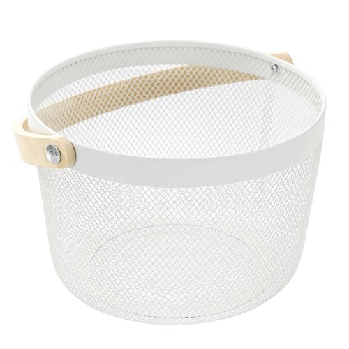 Round Mesh Storage Basket With Wooden Handle - Off White