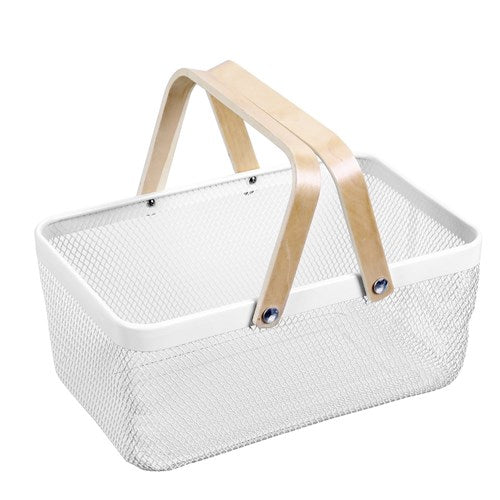 Mesh Storage Basket With Wooden Handle - Off White