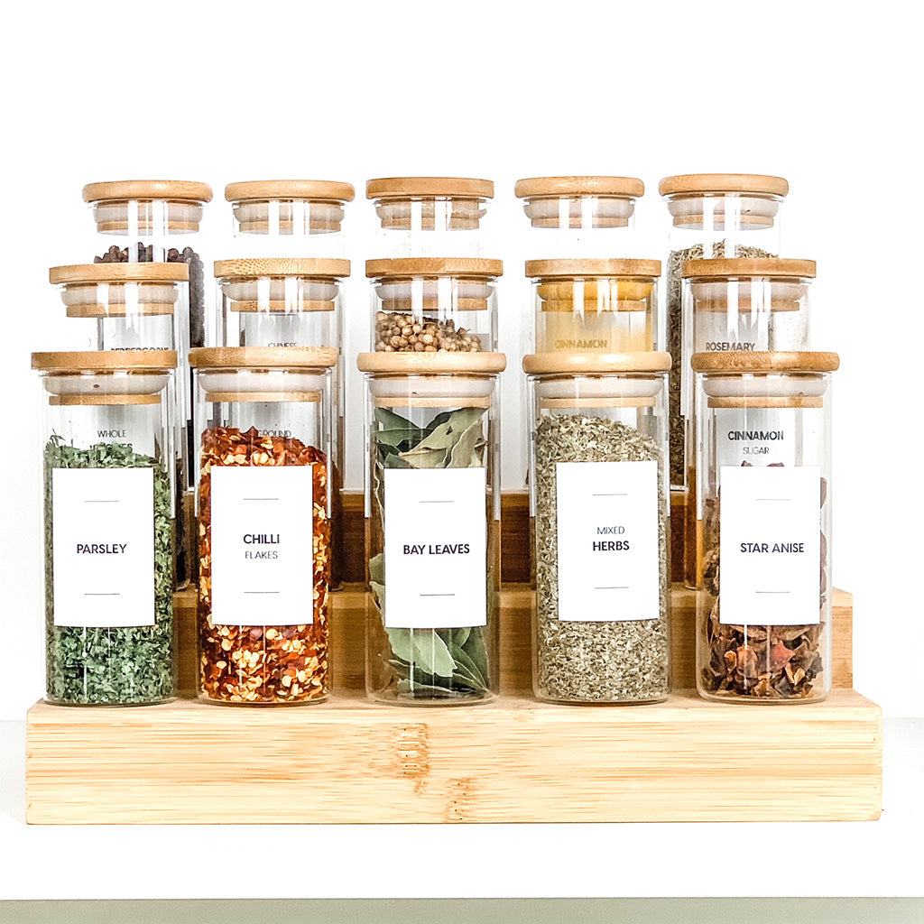 Glass Herb and Spice Jar Bamboo Lid Home Storage Kitchen Eco Friendly Jars  Printed Waterproof Label Personalise Labels 