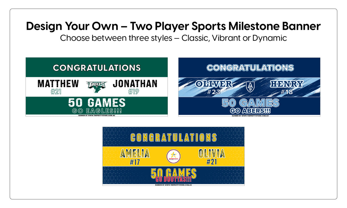 Design Your Own – Two Player Sports Milestone Banner >>> Choose between three styles: Classic, Dynamic or Vibrant