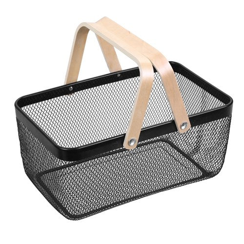 Mesh Storage Basket With Wooden Handle - Black