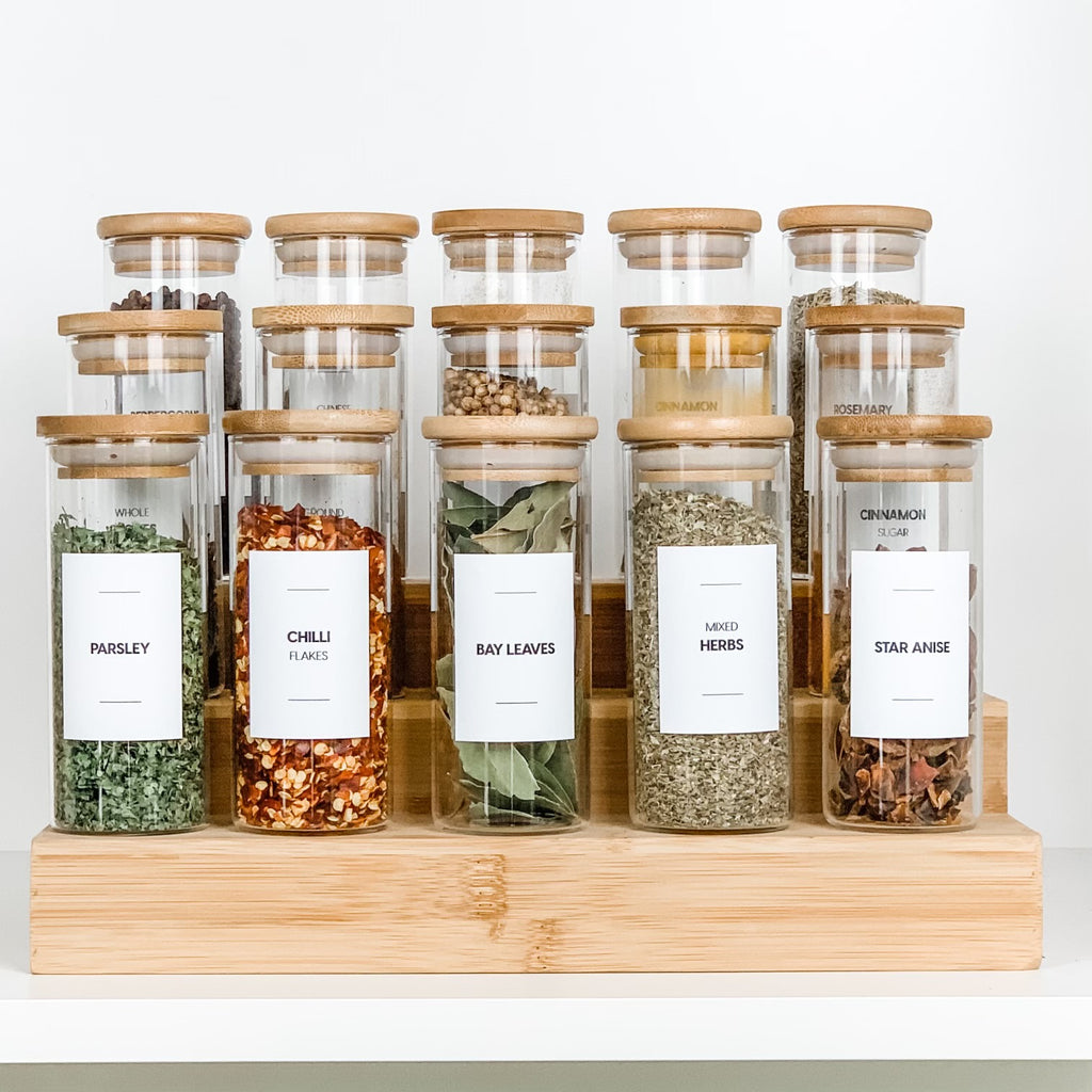 Bamboo Spice Rack Spice Jar Label Bundle Pretty Pantry The