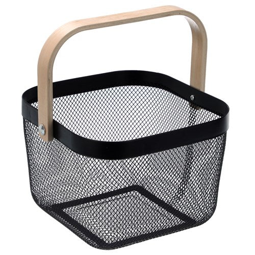 Square Mesh Storage Basket With Wooden Handle - Black