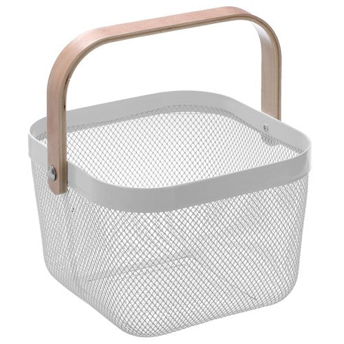 Square Mesh Storage Basket With Wooden Handle - Off White