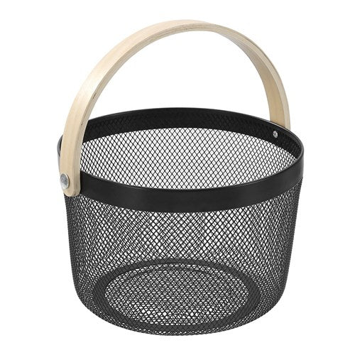 Round Mesh Storage Basket With Wooden Handle - Black
