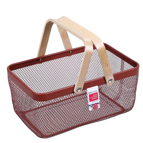 Mesh Storage Basket With Wooden Handle - Rust