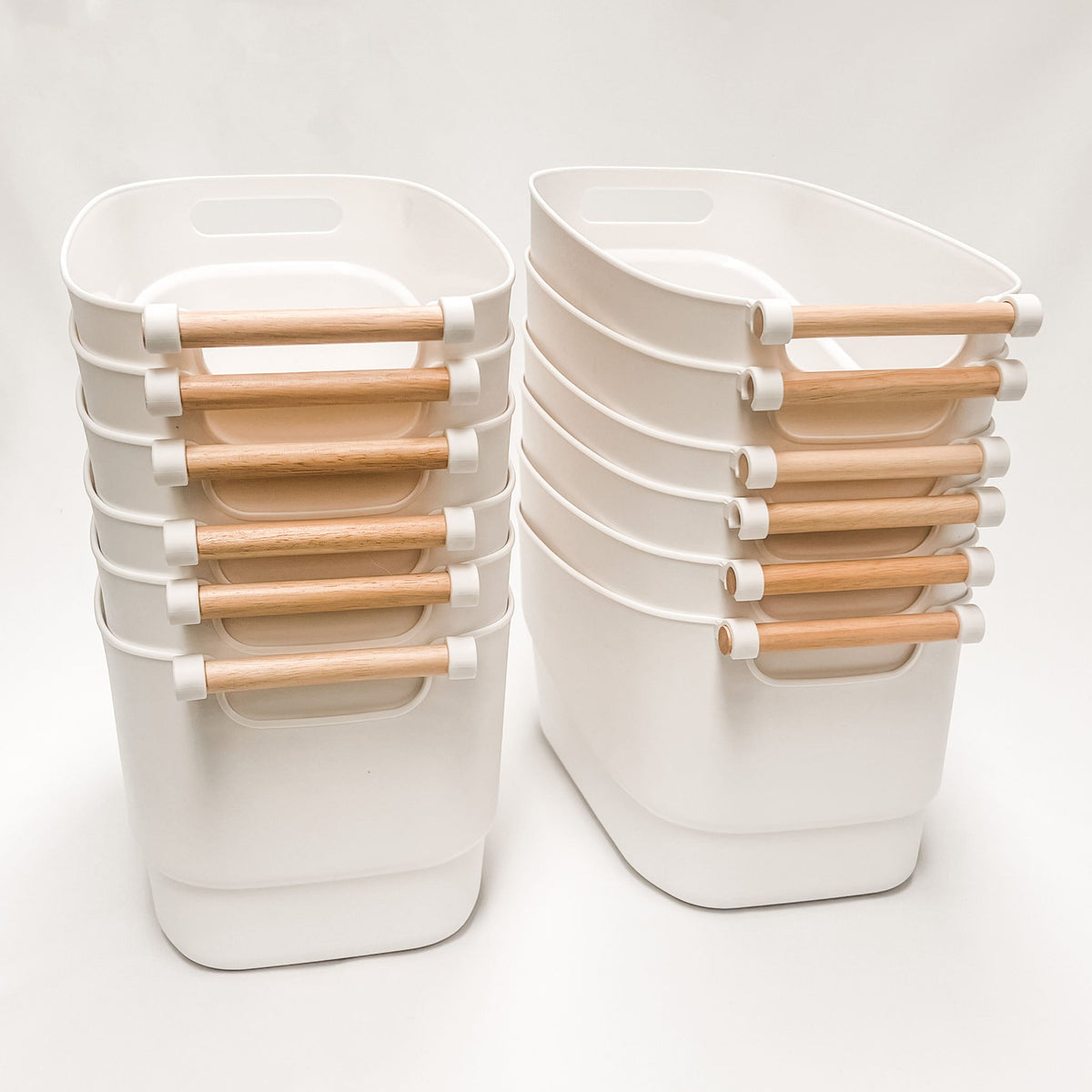 White Storage Tubs with Wooden Handle